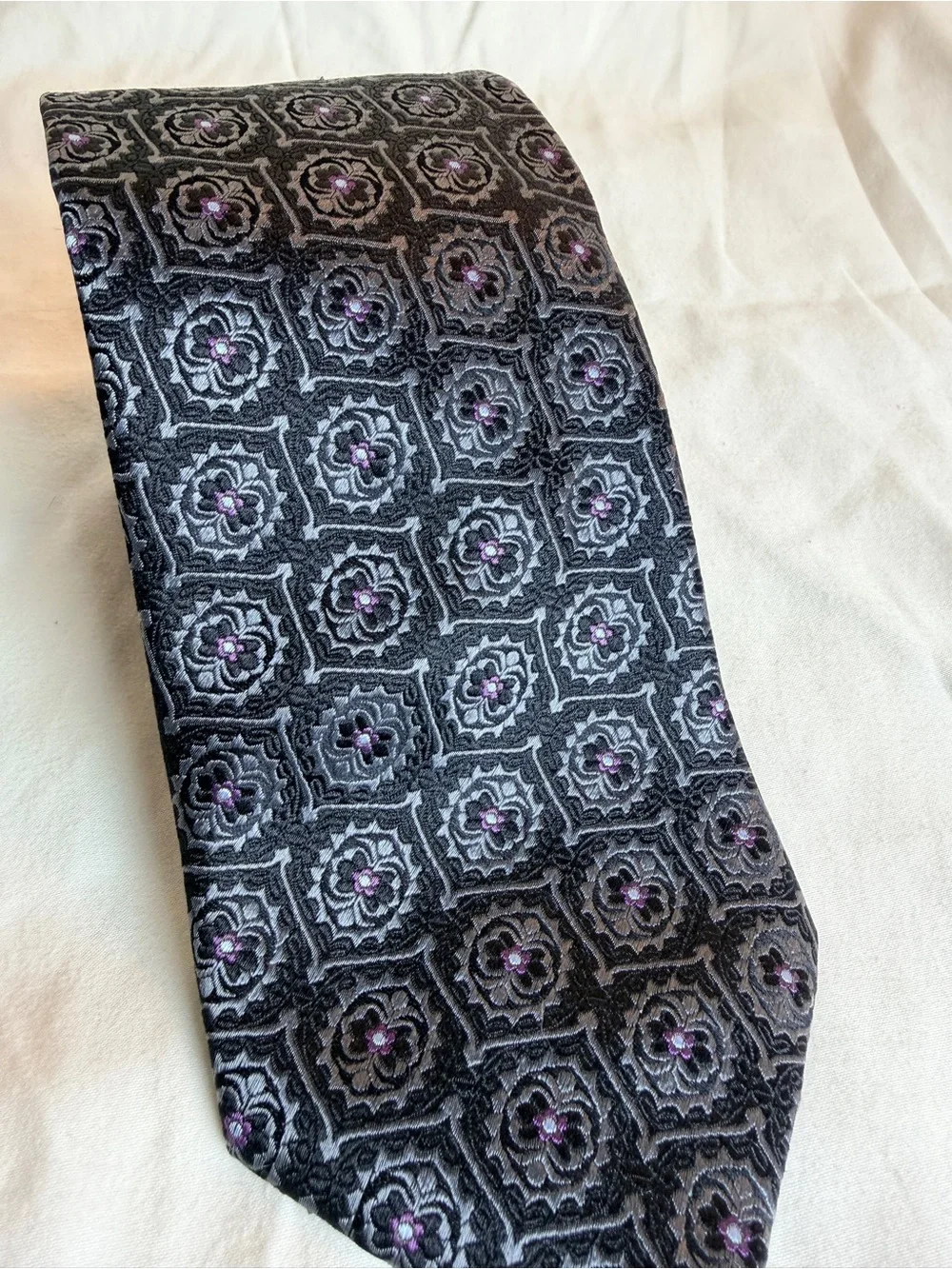 Henry Grethel Textured Black Tie with Purple Motif - Men's Formal Tie